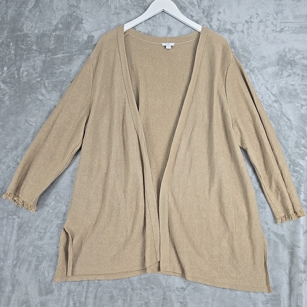 J Jill Linen Blend Duster Open‎ Cardigan XL Tan Frayed Cuff Academia Twee